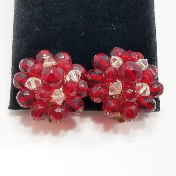 Vintage Western Germany Red Beaded Clip Earrings, 1950s, 1 1/8 Inches - Picture 3 of 10